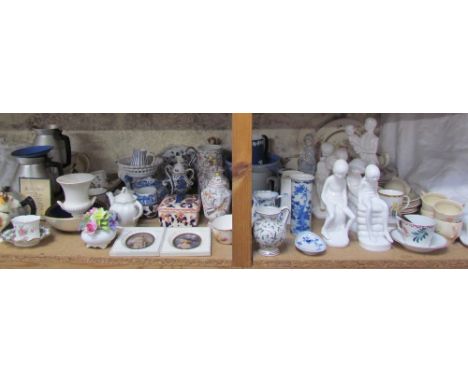 Assorted Spode figures by Pauline Shone together with a Susie cooper part coffee set, pottery plates, blue and vase, Wedgwood