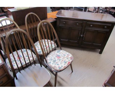 A set of four Ercol dining chairs together with a gateleg dining table, a sideboard, a melamine topped coffee table and a Van