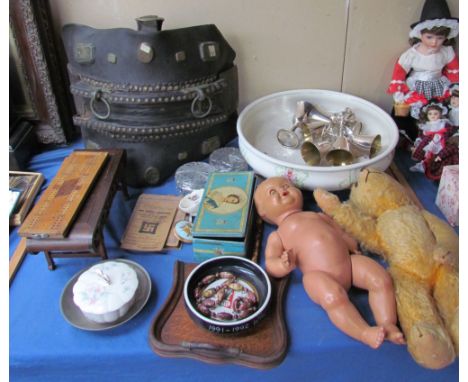 A teddy bear together with a doll, pottery basin, electroplated goblets, leather chest guard, cribbage board etc