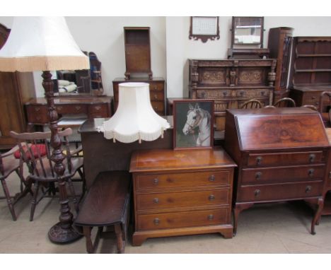 A standard lamp together with two lamp shades, a small gateleg coffee table, an inlaid chest of drawers, a modern bureau and 
