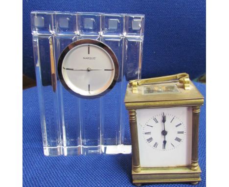 A French brass carriage timepiece together with a Waterford Marquis mantle clock