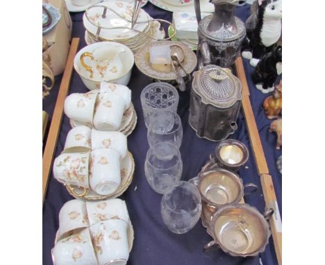 An Aynsley floral decorated part tea service together with drinking glasses, electroplated wares