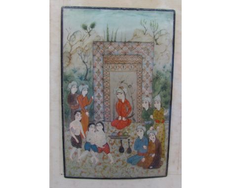 A miniature of an Indian figure group painted onto a mother of pearl panel, together with a wall mirror