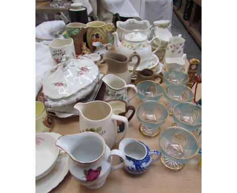 A Duchess Greensleaves pattern part tea set together with a musical jug, Hornsea vase, sundae dishes, tureen and cover etc