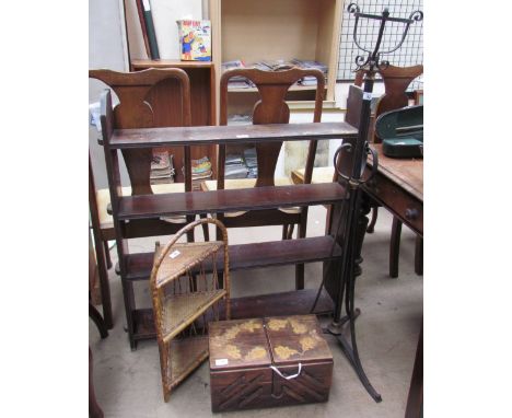 Hanging book shelves together with a Victorian cast iron telescopic standard lamp, bamboo corner shelves and a folding sewing