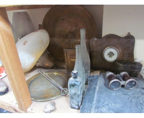 A photograph album together with a pair of binoculars, barometer, glass bottles, treen bowl, oil lamps, lamp shades, brasswar