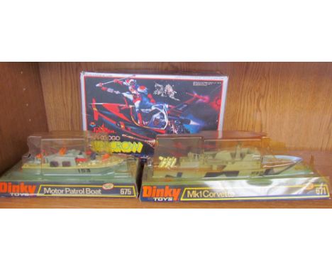 Dinky toys N671MK1 corvette, and a N675 motor patrol boat together with a Chad Valley teddy bear, and other soft toys etc