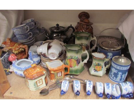 Assorted silver souvenir spoons together with an electroplated teapot, pedestal dish, Spode part tea set, cottage ware teapot