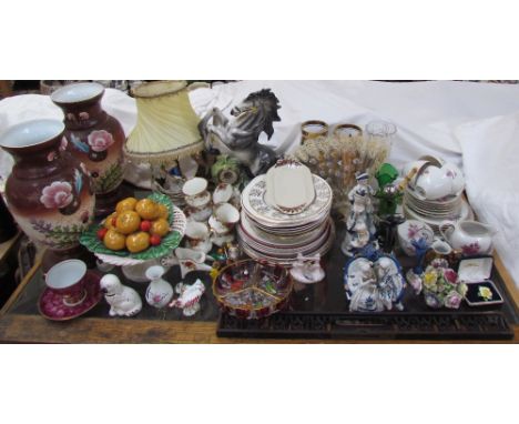 A Franconia part tea service together with glass vases, metal spirit level, fan, opaque glass vases, Royal Albert Old Country