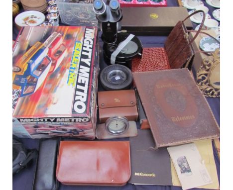 A Polish binocular microscope together with a mighty metro scalextric. rototherm thermometer, Firestone ashtray, post cards, 