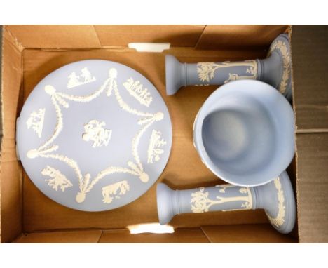 A collection of Wedgwood Blue Jasperware to include Candlesticks , Small Planter &amp; Wall Plate 