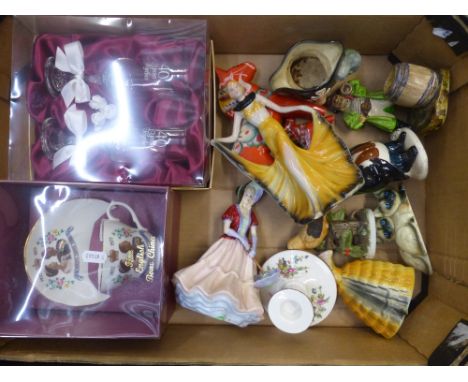 A mixed collection of ceramic items to include Paragon figure a/f, Art Deco figure, Paragon candlestick, Royal Doulton small 