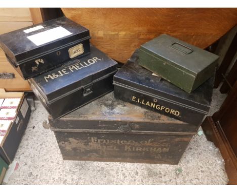 A collection of vintage Deed Tins, largest 61 x 34 x 36cm (5) 