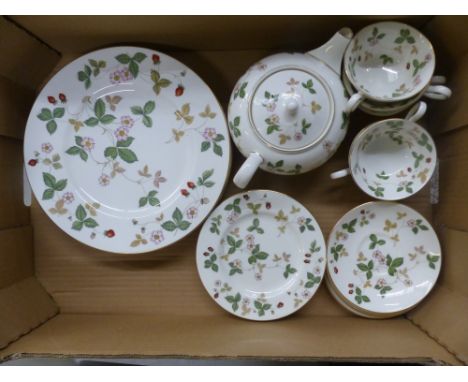 A Collection of Wedgwood Wild Strawberry Pattern Teaware to include Teapot, Teacups, Saucers, Dinner Plates and Side Plates (