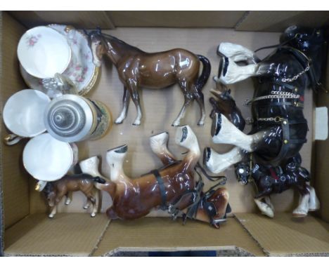 A mixed collection of ceramic items to include a Melba type shire horse in harness, Beswick brown gloss mare, 3 Paragon Victo