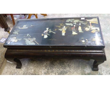 Vintage chinese laquered coffee table with glass top over 3D Oriental scene 103cm W x 53cm D x 43cm H 