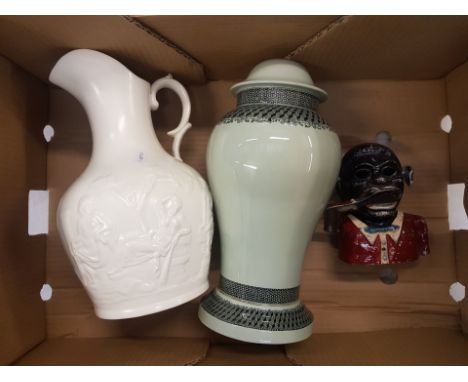 A mixed collection of items to include a Copeland Spode lamp base (no electrical fittings), cast aluminium novelty money box 