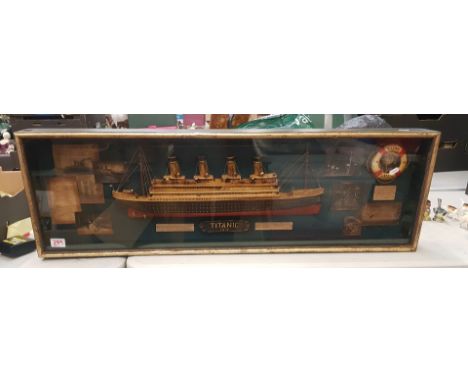 Vintage Titanic 1912 3D Shadow Ship in glass display box 107cm W x 34cm H x 9cm D 
