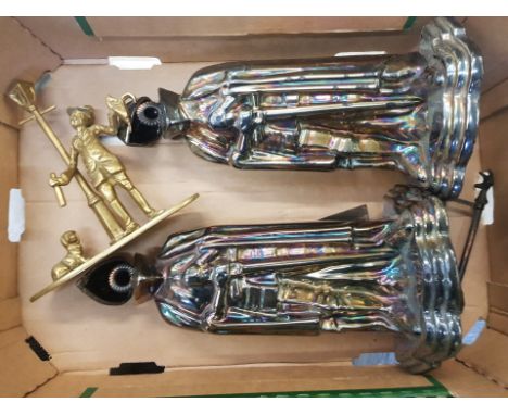 Two vintage fireside companion sets in the form of Knights together with a brass figural group (3). 