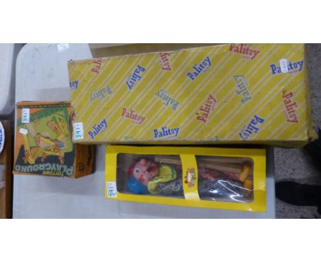 Boxed Toy Town Playgroud together with Palitoy vintage doll and Pelham puppet (3) 