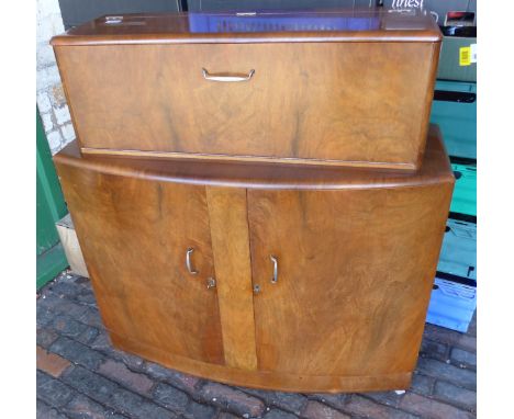 Mid-century teak and walnut drinks cabinet with metamorphic top 105cm W x 110cm H x 37cm D 