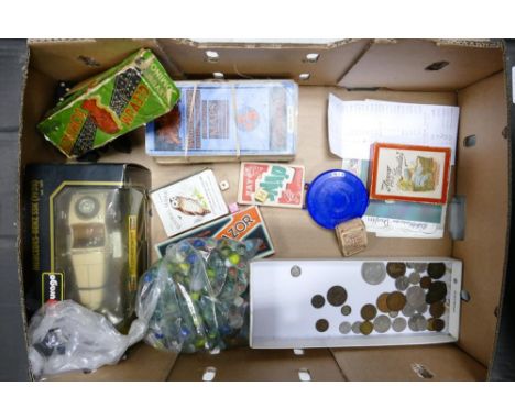 A mixed collection of items to include vintage toys, Boxed Burago Merc SSk , Marbles, vintage coins etc 