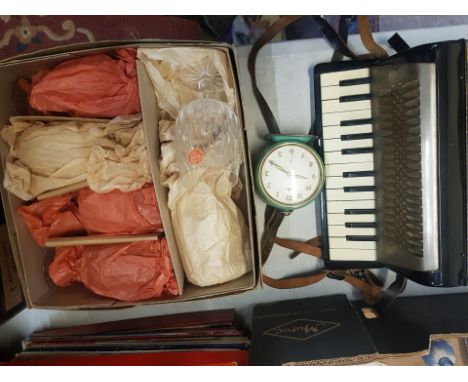 A mixed collection of items to include a vintage accordian, set of 6 Webb Corbett crystal glasses and a vintage alarm clock. 