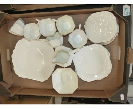 Shelley China all white with gilt tea set to include 6 tea cups, 6 saucers, 6 side plates, cake plate, milk and sugar (1 tray