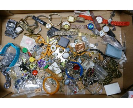 A collection of vintage costume jewellery including watches, beads, brooches, chains etc 