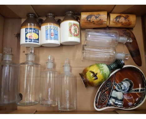 A mixed collection of items to include Australian tourist ware items, vintage chemists glass jars, reproduction small adverti