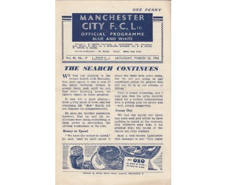 MAN CITY   4 Page Programme Manchester City v Preston North End War League March 16th 1946. Team changes and scorers inserted