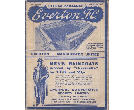 EVERTON - MAN UTD 1937   Everton home programme v Manchester United, 29/3/1937, Easter Monday, fold, slight creasing, light p