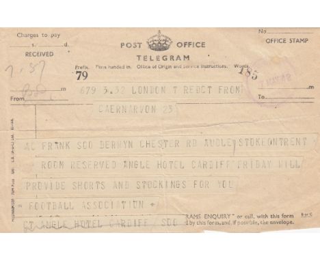 FA TELEGRAM 1942    Telegram sent by the Football Association to Frank Soo confirming that a room had been reserved for him a