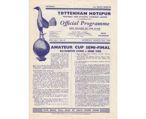 AMATEUR CUP / TOTTENHAM     Amateur Cup Semi Final 4 page programme, Walthamstow Avenue v Crook Town at White Hart Lane 13 Ma