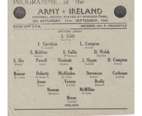 IRELAND v ARMY 1943  Scarce small single sheet programme on pale green paper, Army v Ireland , 11/9/43 at Windsor Park, Belfa