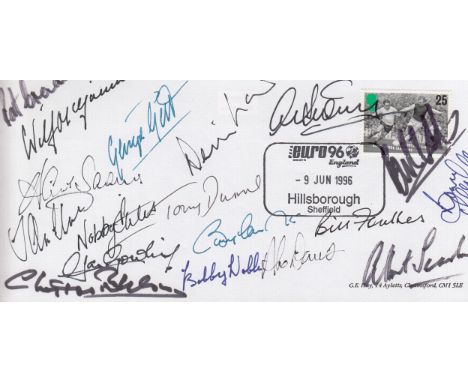 MANCHESTER UNITED   Unusual item , a Euro 96 cover with a Hillsborough franking dated 9-6-96 but signed by 18 Manchester Unit