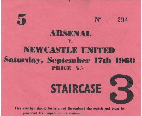 ARSENAL   Ticket Arsenal v Newcastle United 17th September 1960.      Generally good