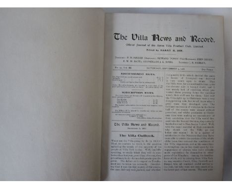 ASTON VILLA 1908-1909 BOUND VOLUME      Villa cloth bound volume with gilt inscription on spine. Forty issues of the Villa Ne