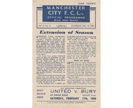 MAN CITY       4 Page Programme Manchester City v Manchester United War Cup February 10th 1945. Light folds but no writing.  