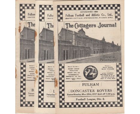 FULHAM  36-37  Three Fulham home programmes, 1936-37, v Doncaster, Leicester and Blackburn, light pencil scores on cover, som