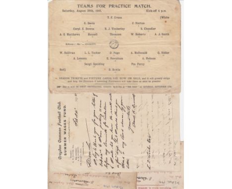 CROYDON COMMON FC   Two official Croydon Common FC team selection cards posted to L.L.Tucker  in August 1910 plus programme f