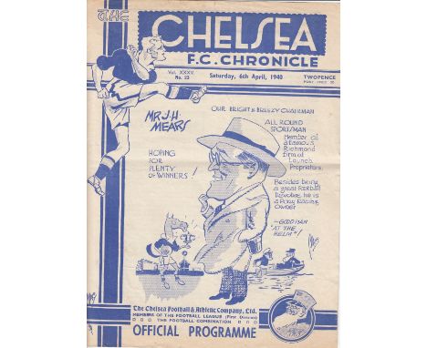 CHELSEA  Chelsea home programme v Charlton Athletic 6th April 1940. 4 Pager NOT Ex Bound Volume with score and scorers insert