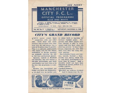 MAN CITY   4 Page Programme Manchester City v Bradford Park Avenue War League December 8th 1945. Light folds, score and score