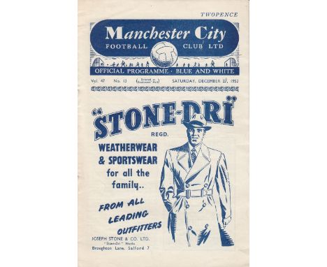 MAN CITY   Programme from the postponed match Manchester City v Preston North End December 27th 1952. Very light staple rusti