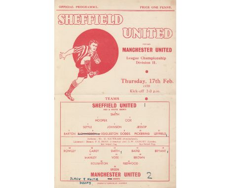 SHEFFIELD UNITED -MAN UTD 1938    Sheffield United matchcard programme for the midweek (Thursday afternoon)  match v Manchest