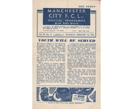 MAN CITY   4 Page Programme Manchester City v Everton War League February 16th 1946. No writing with light folds.       Gener