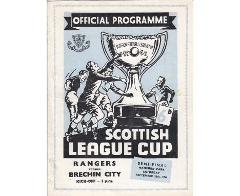 SCOTTISH LEAGUE CUP   Programme Rangers v Brechin City SLC Semi Final at Hampden 28th September 1957. Light horizontal fold. 