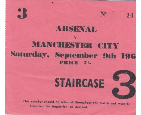 ARSENAL   Ticket Arsenal v Manchester City 9th September 1961. Light folds.     Generally good