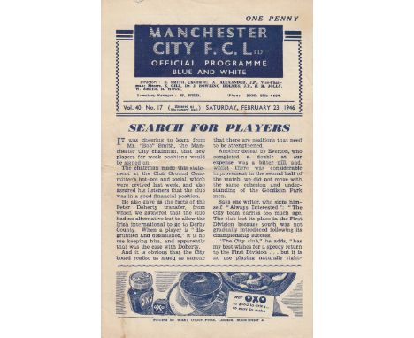 MAN CITY   4 Page Programme Manchester City v Bolton Wanderers War League February 23rd 1946. Score and scorers inserted with