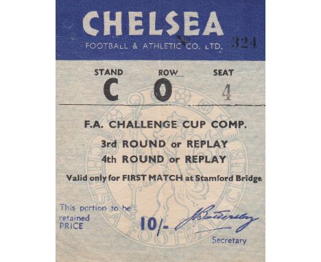 CHELSEA TICKET  Ticket Chelsea v Darlington FA Cup 4th Round 25th January 1958. Light vertical fold on reverse.    Generally 